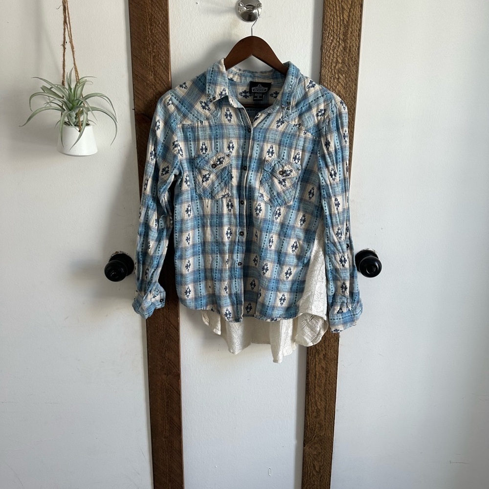 VTG 90s Angie Women S Southwestern Button Up Top Lace Peplum Blue Plaid Boho - Picture 3 of 15